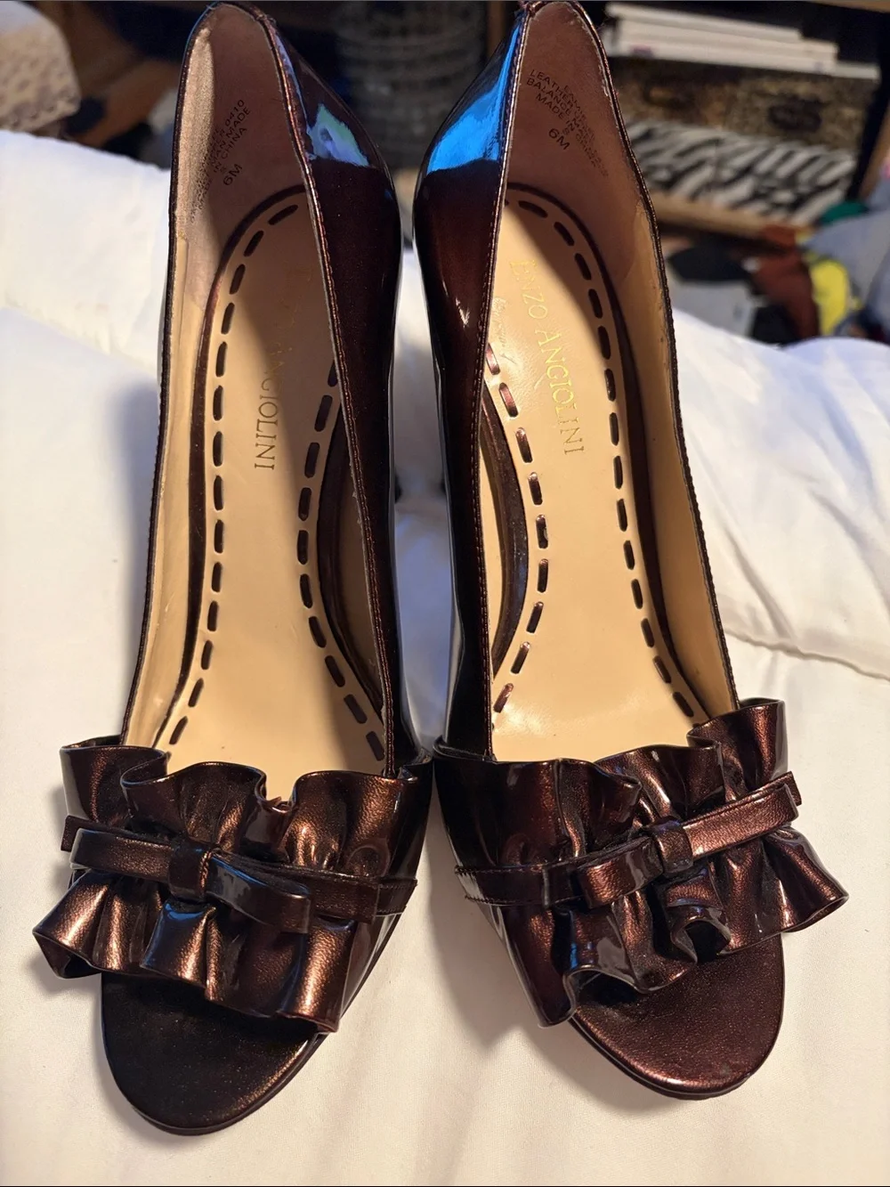 Enzo Angiolini Peep-Toe Bow Stiletto Heels in Metallic Brown - 6